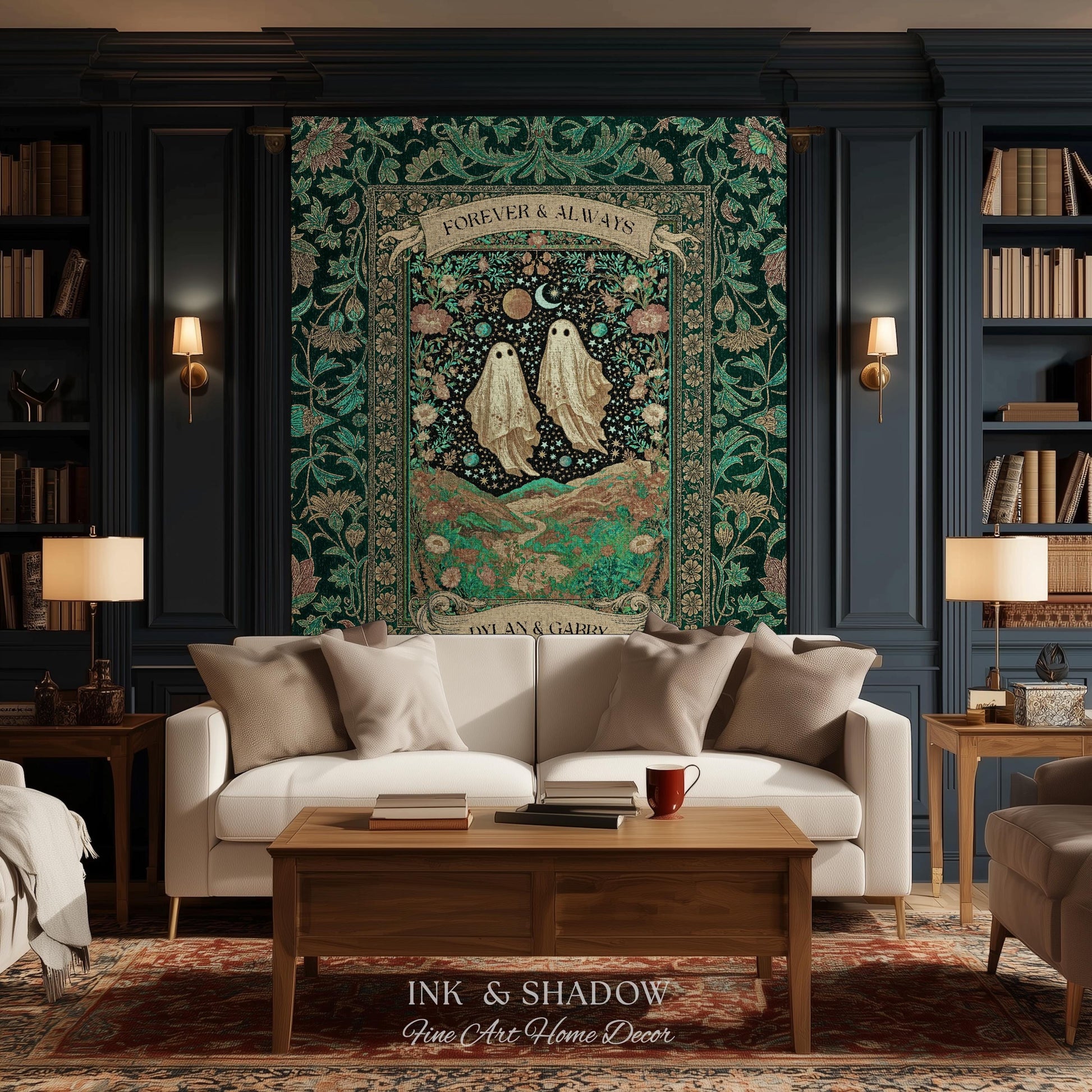 Celestial Ghost Lovers Woven Throw Personalized Couple Tapestry Forever & Always Starlit Courtship Teal Dreamscape Anniversary Heirloom Gift