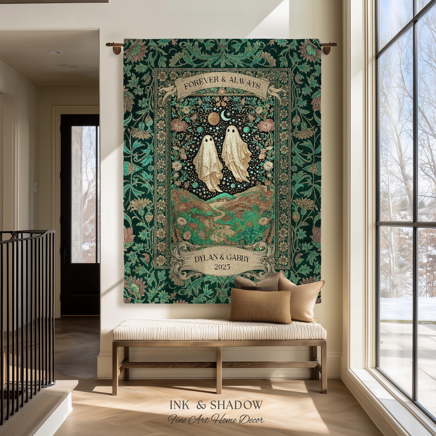 Celestial Ghost Lovers Woven Throw Personalized Couple Tapestry Forever & Always Starlit Courtship Teal Dreamscape Anniversary Heirloom Gift