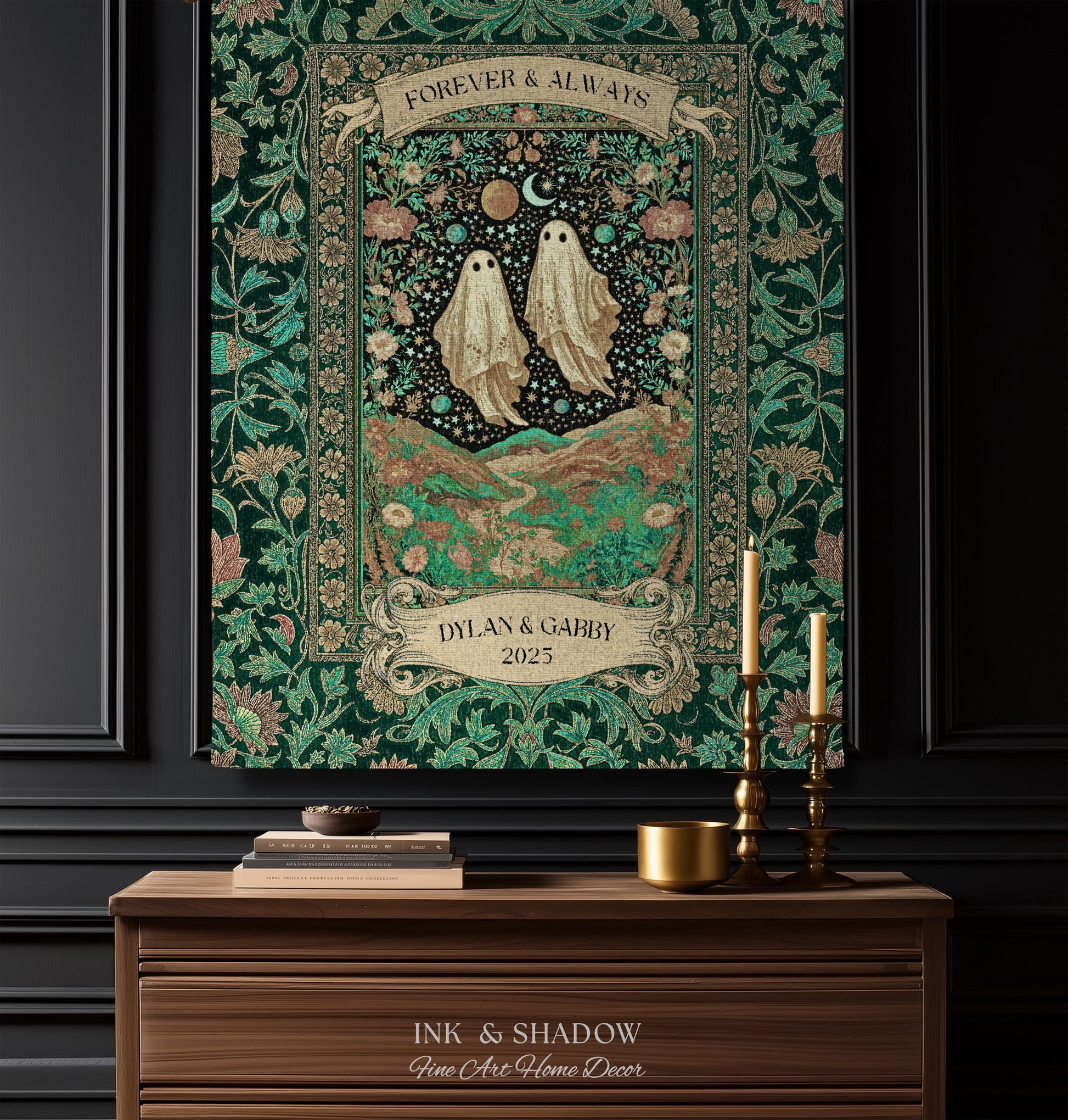 Celestial Ghost Lovers Woven Throw Personalized Couple Tapestry Forever & Always Starlit Courtship Teal Dreamscape Anniversary Heirloom Gift