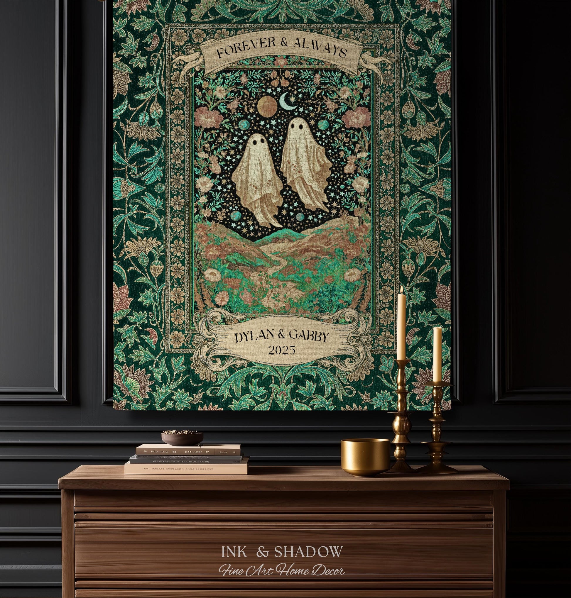 Celestial Ghost Lovers Woven Throw Personalized Couple Tapestry Forever & Always Starlit Courtship Teal Dreamscape Anniversary Heirloom Gift