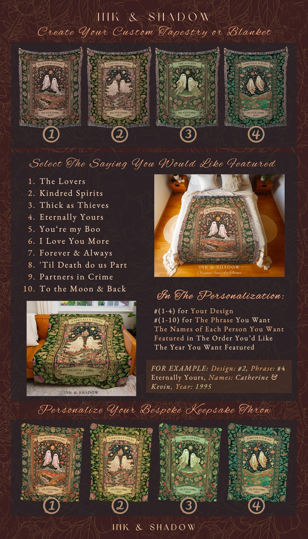 Celestial Ghost Lovers Woven Throw Personalized Couple Tapestry Forever & Always Starlit Courtship Teal Dreamscape Anniversary Heirloom Gift
