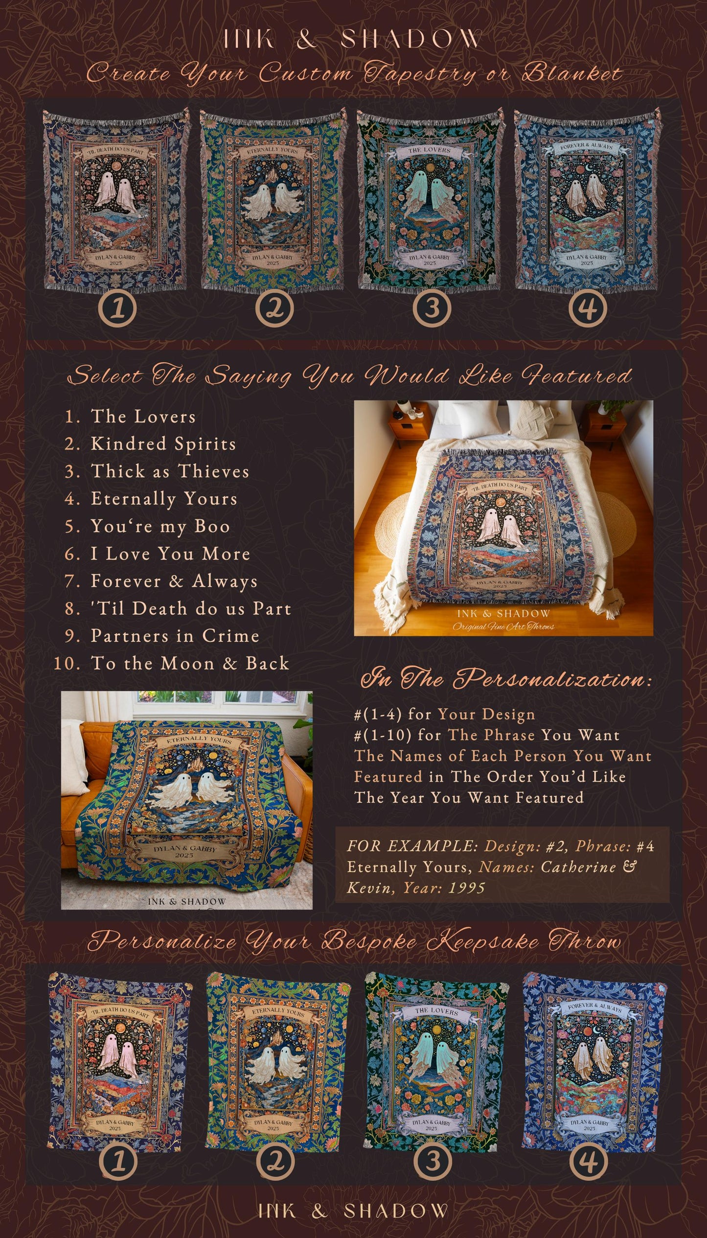Woven Ghost Lovers Couple Wall Tapestry | Moonlit Wildflower Gothic Wedding Anniversary Gift Tarot Inspired Personalized Names And Year
