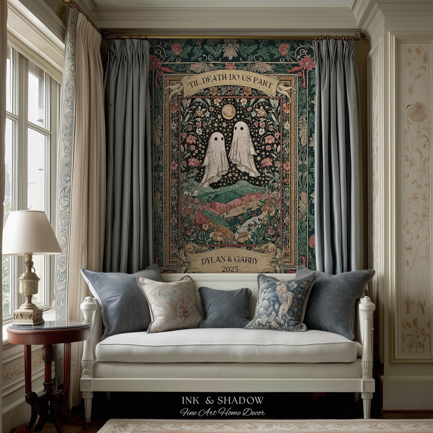 Personalized Ghost Wedding Tapestry | Gothic Halloween Tapestry Til Death Do Us Part Anniversary Gift Floral Woven Throw Witchy Whimsical
