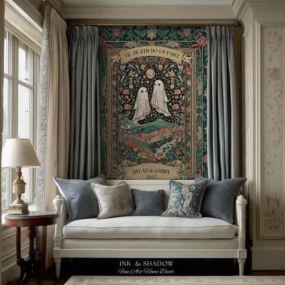 Personalized Ghost Wedding Tapestry | Gothic Halloween Tapestry Til Death Do Us Part Anniversary Gift Floral Woven Throw Witchy Whimsical