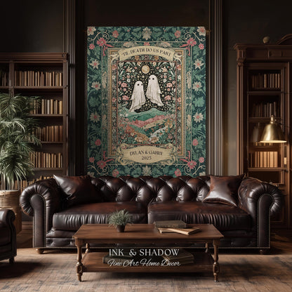 Personalized Ghost Wedding Tapestry | Gothic Halloween Tapestry Til Death Do Us Part Anniversary Gift Floral Woven Throw Witchy Whimsical