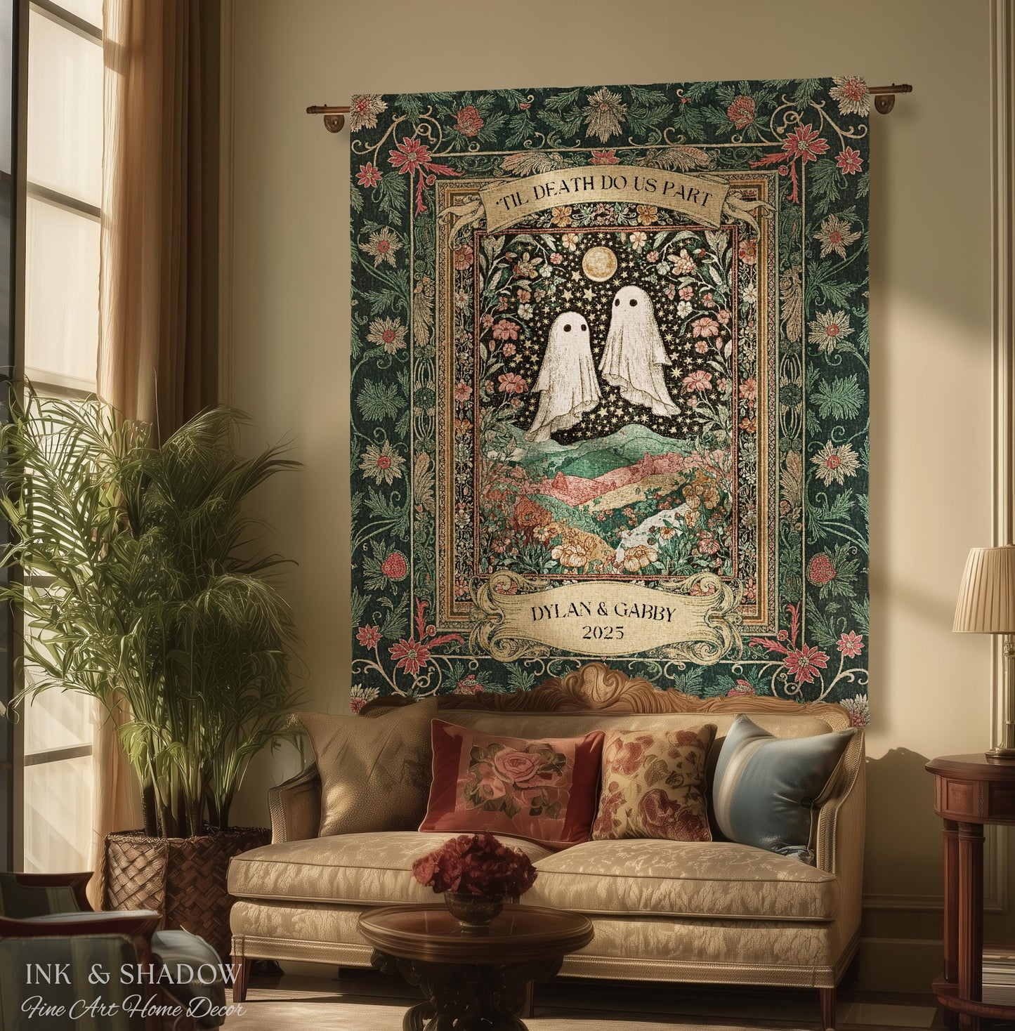 Personalized Ghost Wedding Tapestry | Gothic Halloween Tapestry Til Death Do Us Part Anniversary Gift Floral Woven Throw Witchy Whimsical