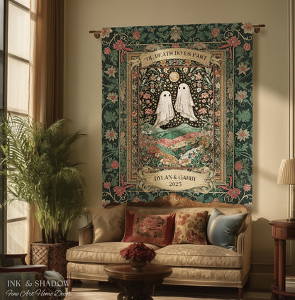Personalized Ghost Wedding Tapestry | Gothic Halloween Tapestry Til Death Do Us Part Anniversary Gift Floral Woven Throw Witchy Whimsical