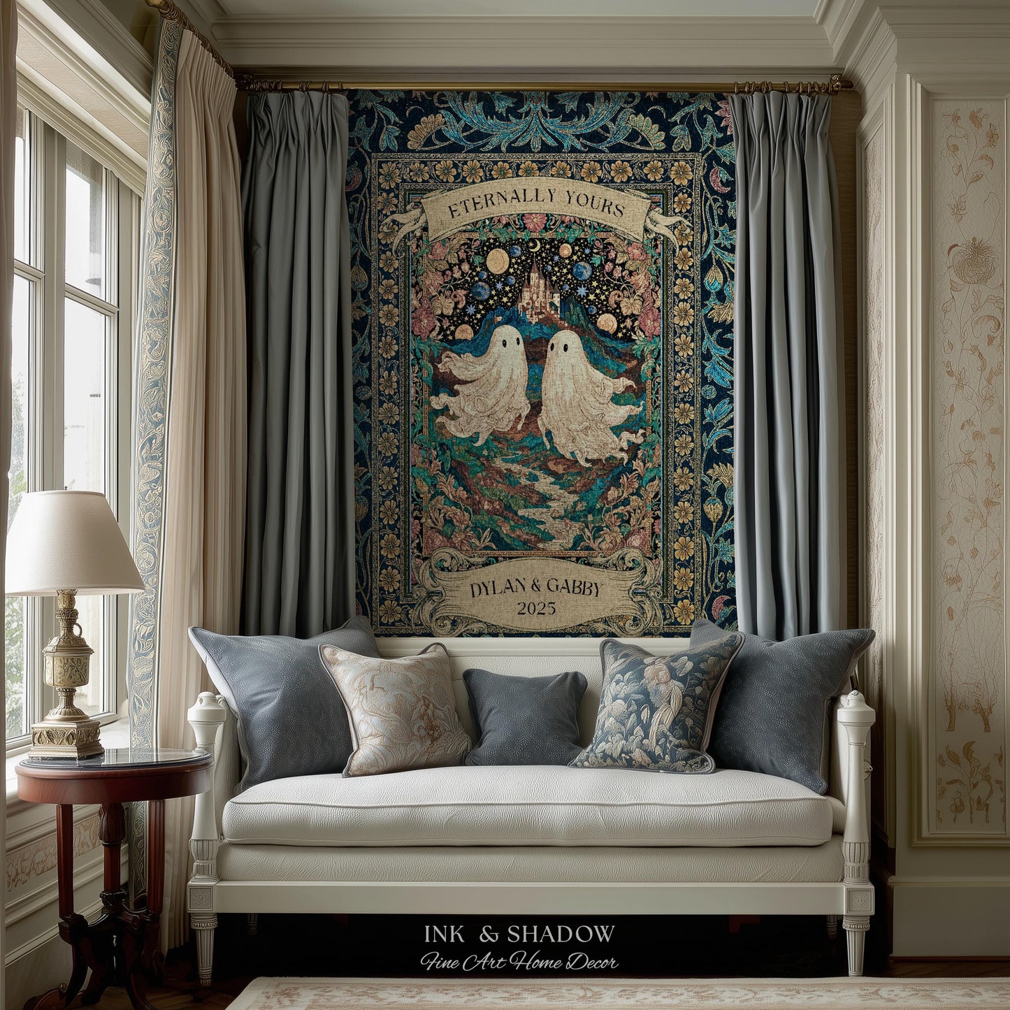 Haunted Castle Ghost Couple Custom | Woven Throw Blanket Eternally Yours Wedding Anniversary Gift Gothic Floral Tapestry Decor Personalized