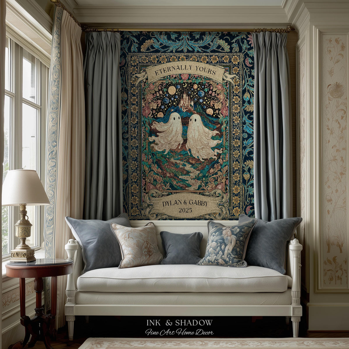 Haunted Castle Ghost Couple Custom | Woven Throw Blanket Eternally Yours Wedding Anniversary Gift Gothic Floral Tapestry Decor Personalized
