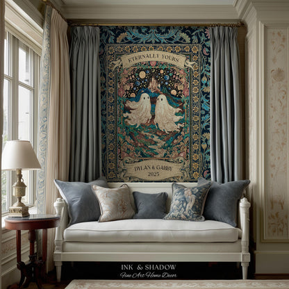 Haunted Castle Ghost Couple Custom | Woven Throw Blanket Eternally Yours Wedding Anniversary Gift Gothic Floral Tapestry Decor Personalized