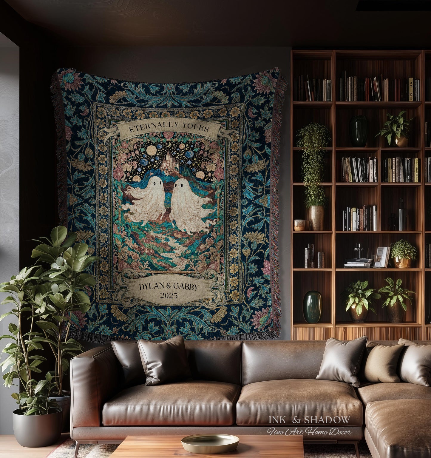 Haunted Castle Ghost Couple Custom | Woven Throw Blanket Eternally Yours Wedding Anniversary Gift Gothic Floral Tapestry Decor Personalized