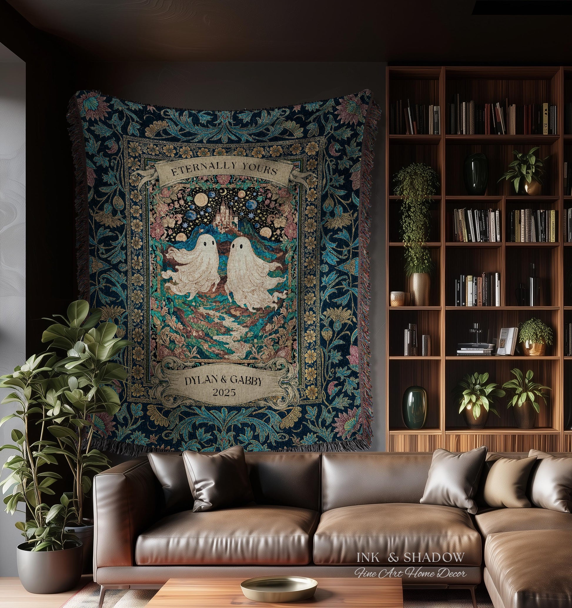 Haunted Castle Ghost Couple Custom | Woven Throw Blanket Eternally Yours Wedding Anniversary Gift Gothic Floral Tapestry Decor Personalized
