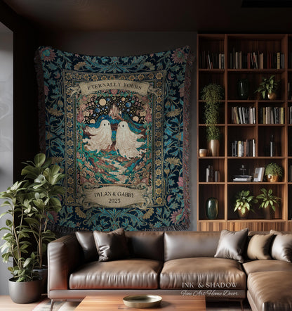 Haunted Castle Ghost Couple Custom | Woven Throw Blanket Eternally Yours Wedding Anniversary Gift Gothic Floral Tapestry Decor Personalized