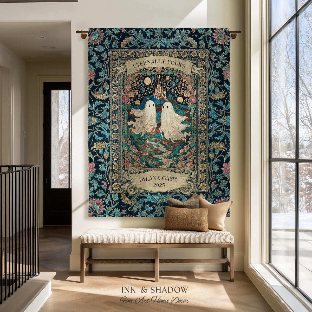 Haunted Castle Ghost Couple Custom | Woven Throw Blanket Eternally Yours Wedding Anniversary Gift Gothic Floral Tapestry Decor Personalized