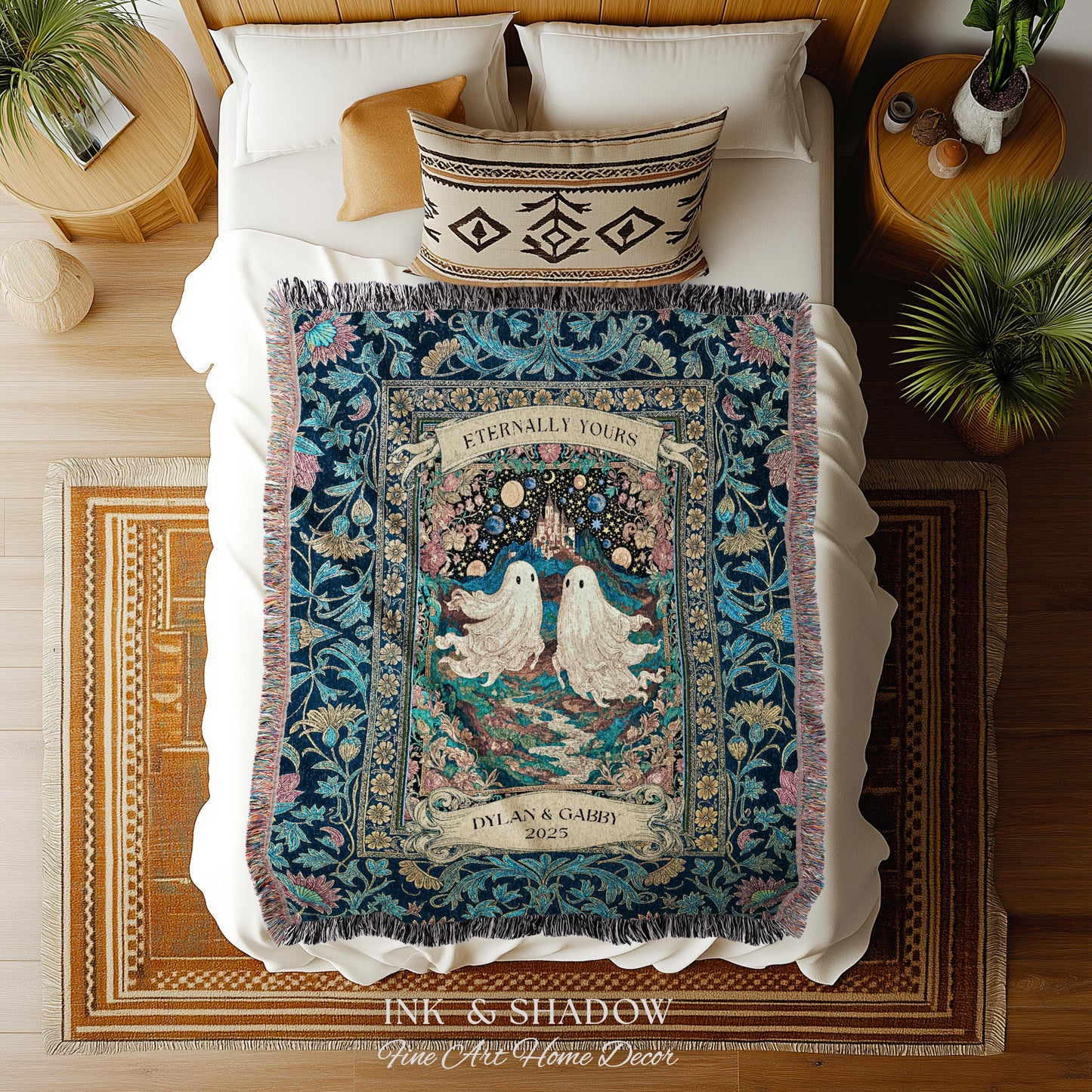 Haunted Castle Ghost Couple Custom | Woven Throw Blanket Eternally Yours Wedding Anniversary Gift Gothic Floral Tapestry Decor Personalized