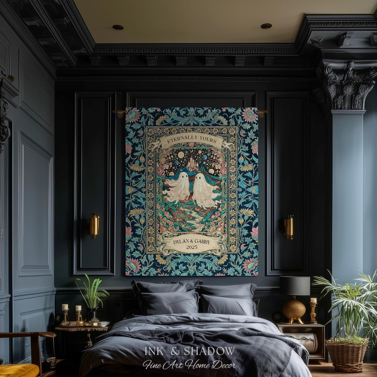Haunted Castle Ghost Couple Custom | Woven Throw Blanket Eternally Yours Wedding Anniversary Gift Gothic Floral Tapestry Decor Personalized