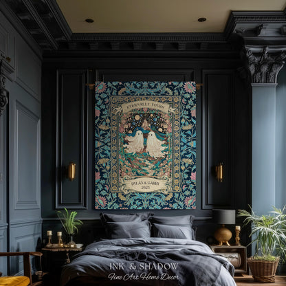 Haunted Castle Ghost Couple Custom | Woven Throw Blanket Eternally Yours Wedding Anniversary Gift Gothic Floral Tapestry Decor Personalized