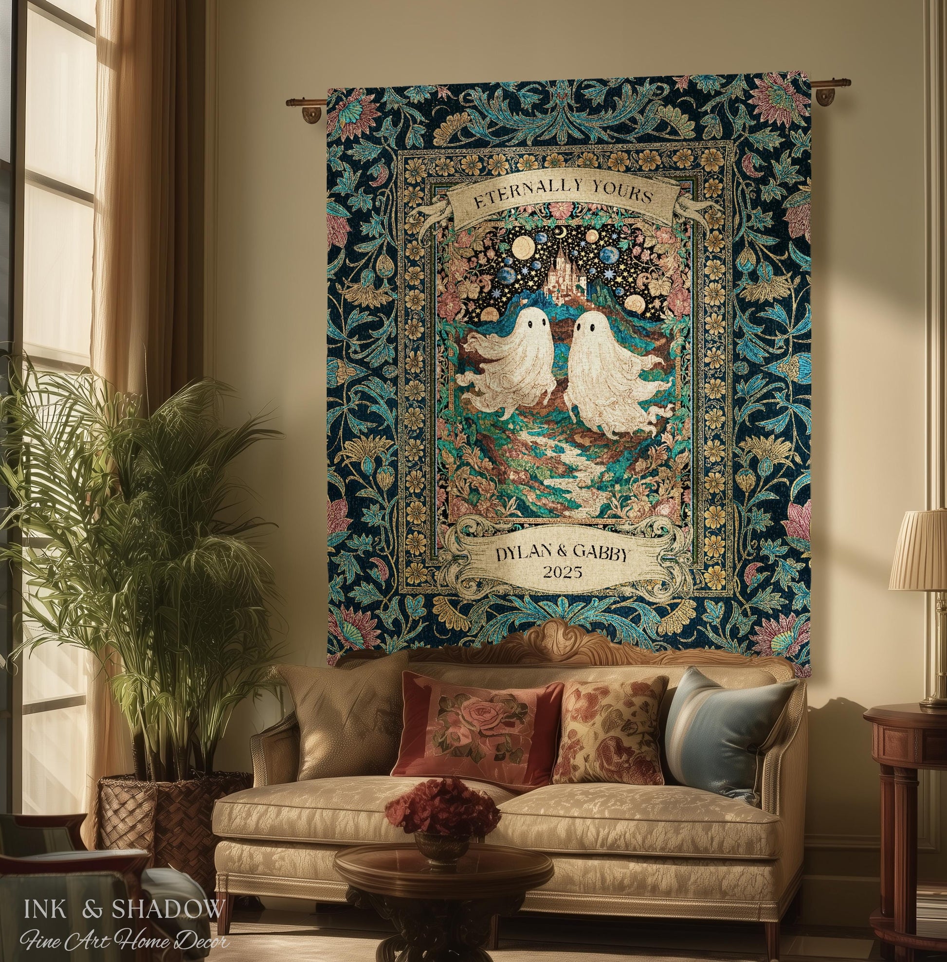 Haunted Castle Ghost Couple Custom | Woven Throw Blanket Eternally Yours Wedding Anniversary Gift Gothic Floral Tapestry Decor Personalized