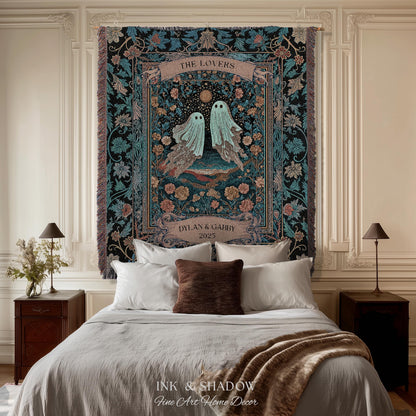 The Ghost Lovers Couple Tapestry | Woven Throw Blanket Gothic Dating Anniversary Gift Personalized Spooky Tapestry Decor Romantic Wall Art