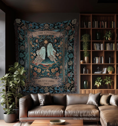 The Ghost Lovers Couple Tapestry | Woven Throw Blanket Gothic Dating Anniversary Gift Personalized Spooky Tapestry Decor Romantic Wall Art