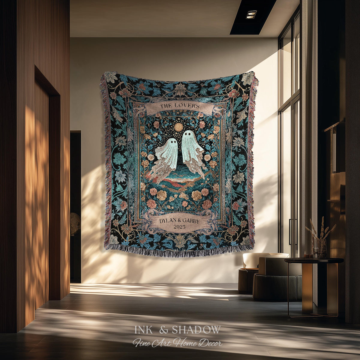 The Ghost Lovers Couple Tapestry | Woven Throw Blanket Gothic Dating Anniversary Gift Personalized Spooky Tapestry Decor Romantic Wall Art