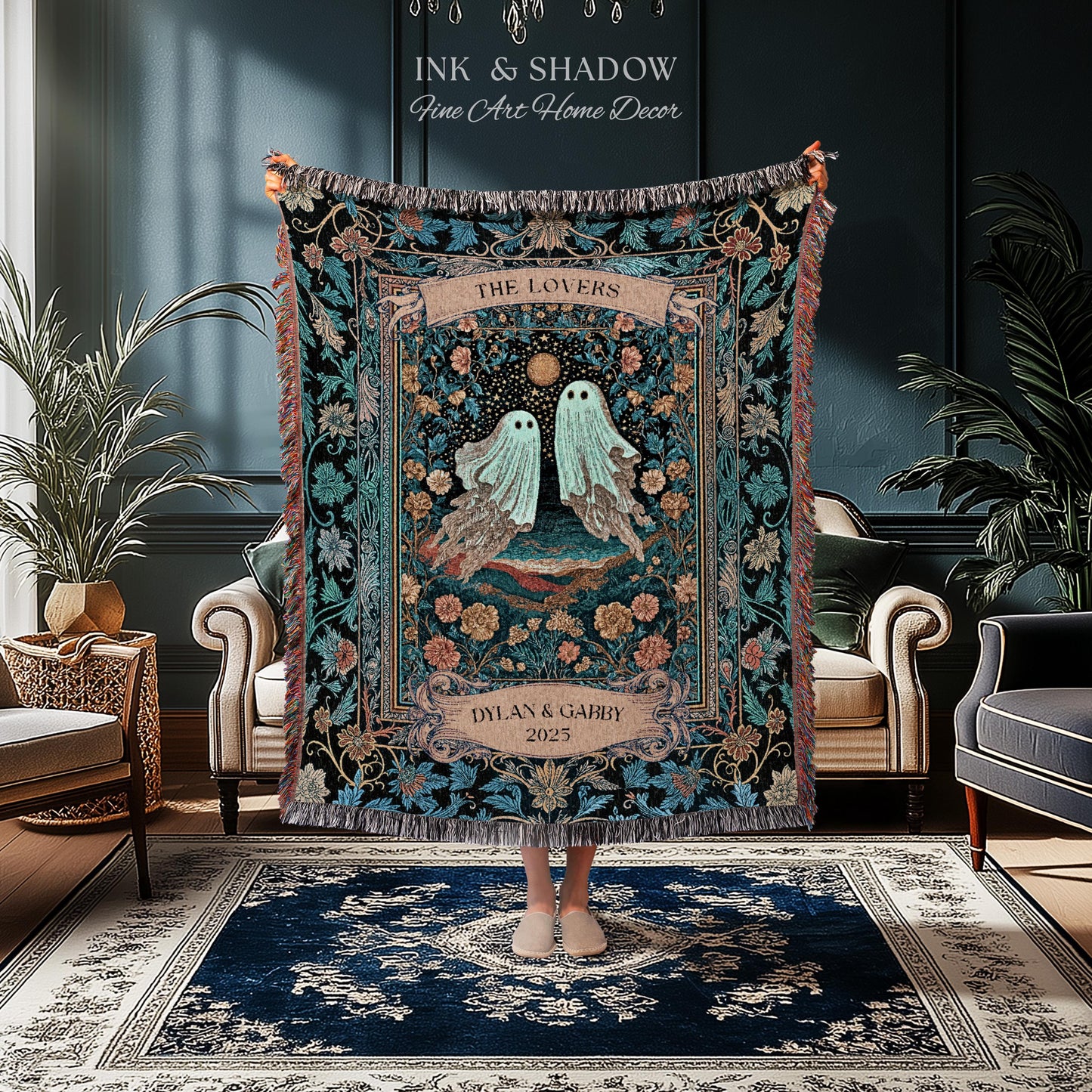 The Ghost Lovers Couple Tapestry | Woven Throw Blanket Gothic Dating Anniversary Gift Personalized Spooky Tapestry Decor Romantic Wall Art