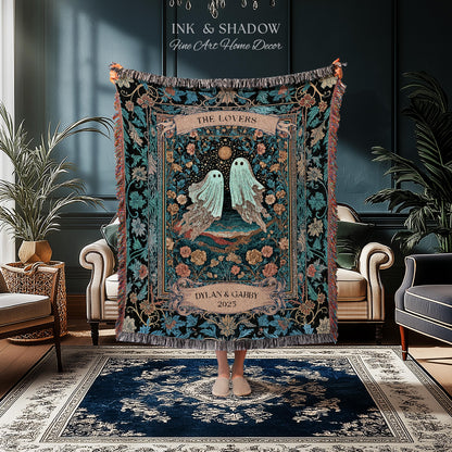 The Ghost Lovers Couple Tapestry | Woven Throw Blanket Gothic Dating Anniversary Gift Personalized Spooky Tapestry Decor Romantic Wall Art
