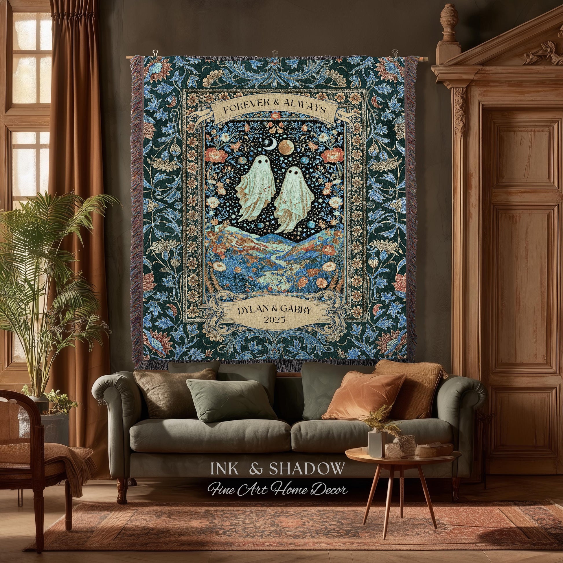 Moonlit Cosmic Ghost Lovers Tapestry | Forever And Always Couple Woven Throw Blanket Custom Names Wedding Keepsake For Goth Anniversary