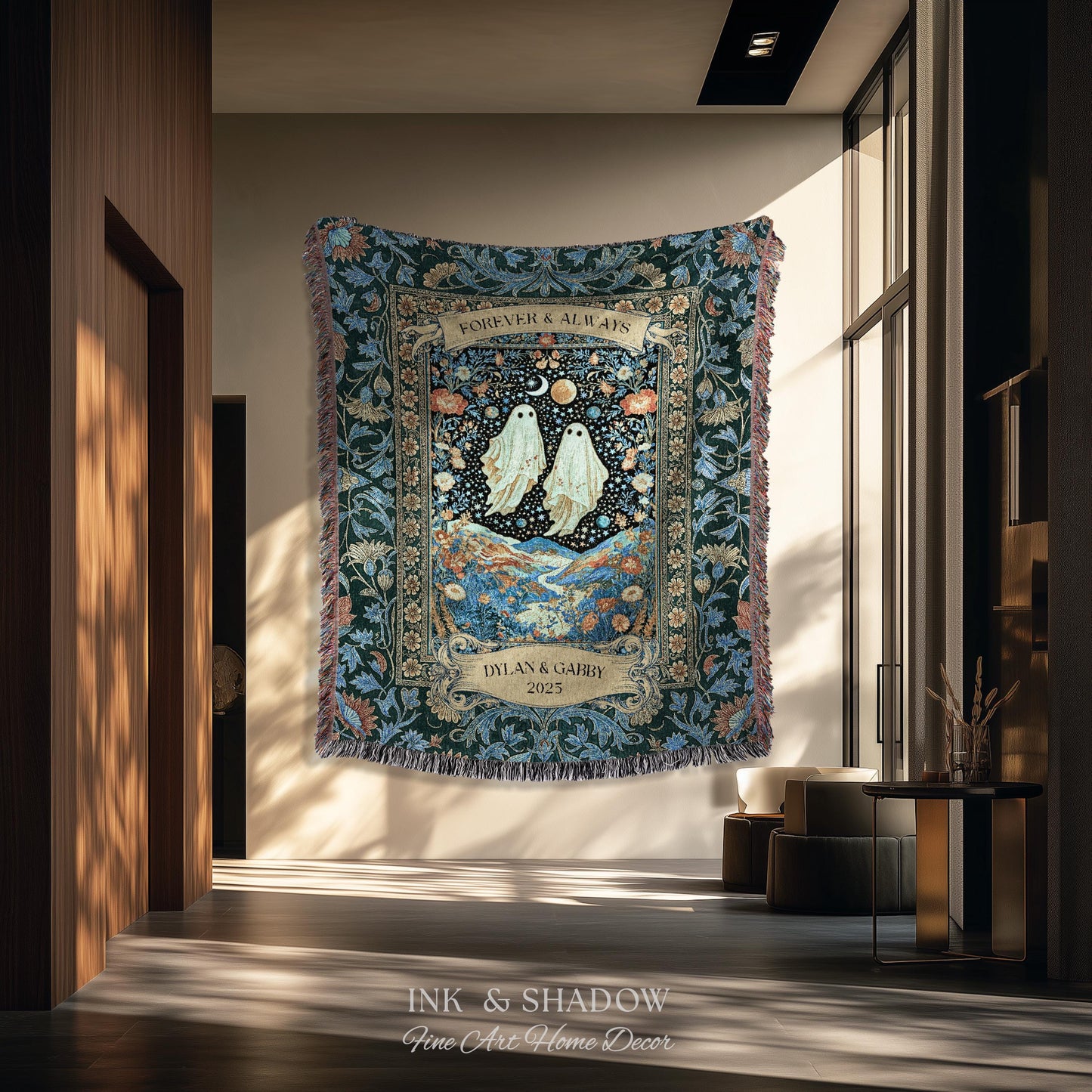 Moonlit Cosmic Ghost Lovers Tapestry | Forever And Always Couple Woven Throw Blanket Custom Names Wedding Keepsake For Goth Anniversary