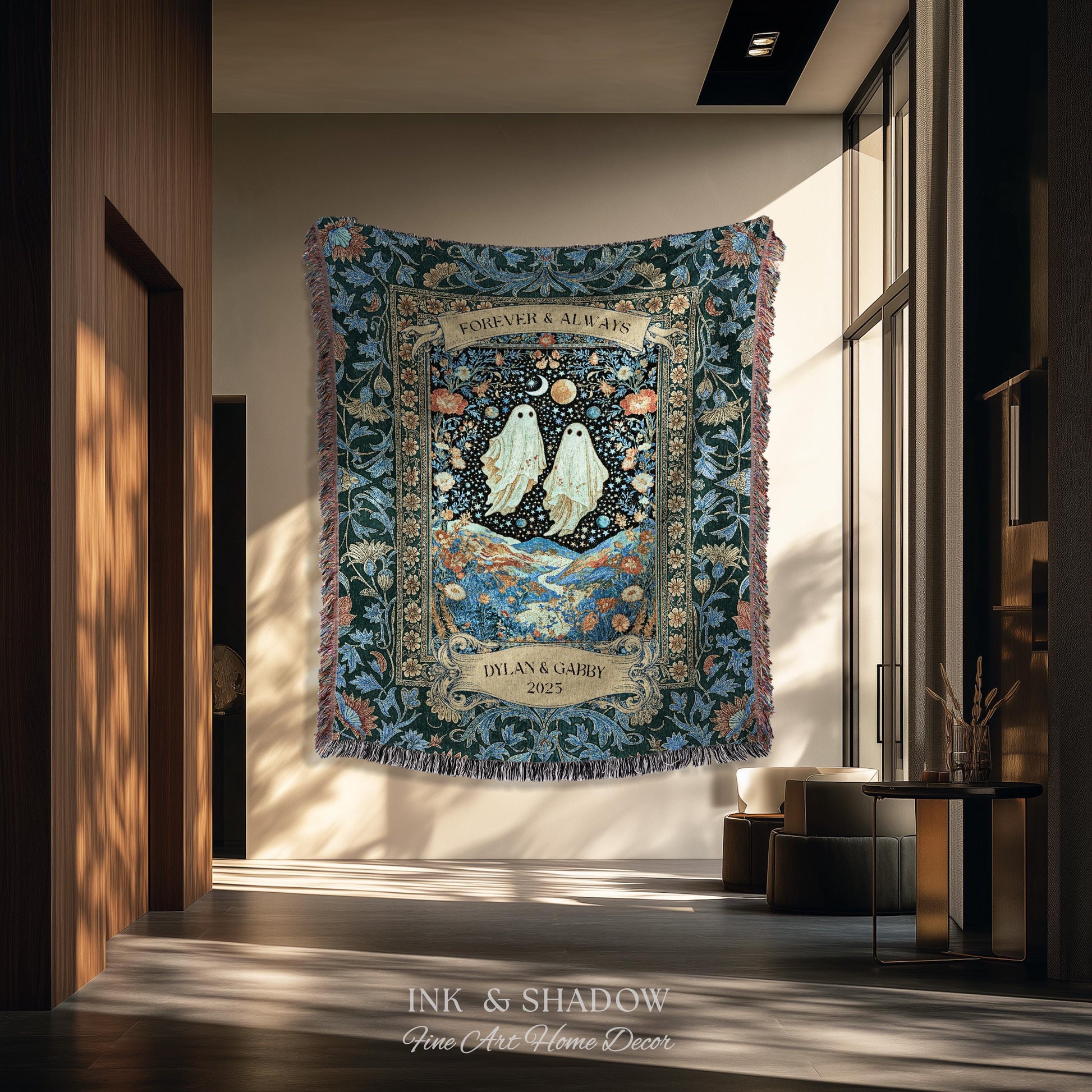 Moonlit Cosmic Ghost Lovers Tapestry | Forever And Always Couple Woven Throw Blanket Custom Names Wedding Keepsake For Goth Anniversary