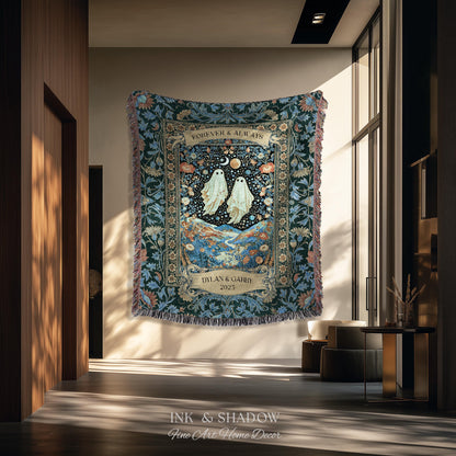 Moonlit Cosmic Ghost Lovers Tapestry | Forever And Always Couple Woven Throw Blanket Custom Names Wedding Keepsake For Goth Anniversary