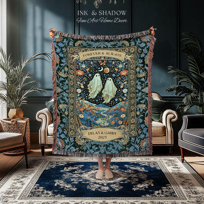 Moonlit Cosmic Ghost Lovers Tapestry | Forever And Always Couple Woven Throw Blanket Custom Names Wedding Keepsake For Goth Anniversary