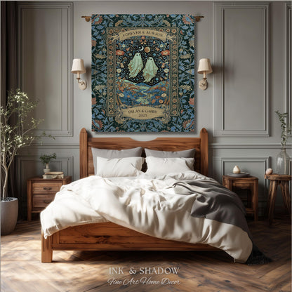 Moonlit Cosmic Ghost Lovers Tapestry | Forever And Always Couple Woven Throw Blanket Custom Names Wedding Keepsake For Goth Anniversary