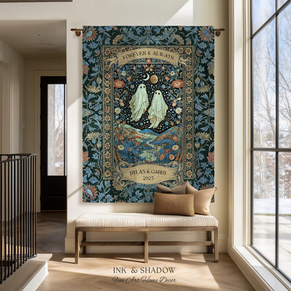 Moonlit Cosmic Ghost Lovers Tapestry | Forever And Always Couple Woven Throw Blanket Custom Names Wedding Keepsake For Goth Anniversary