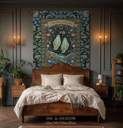 Moonlit Cosmic Ghost Lovers Tapestry | Forever And Always Couple Woven Throw Blanket Custom Names Wedding Keepsake For Goth Anniversary