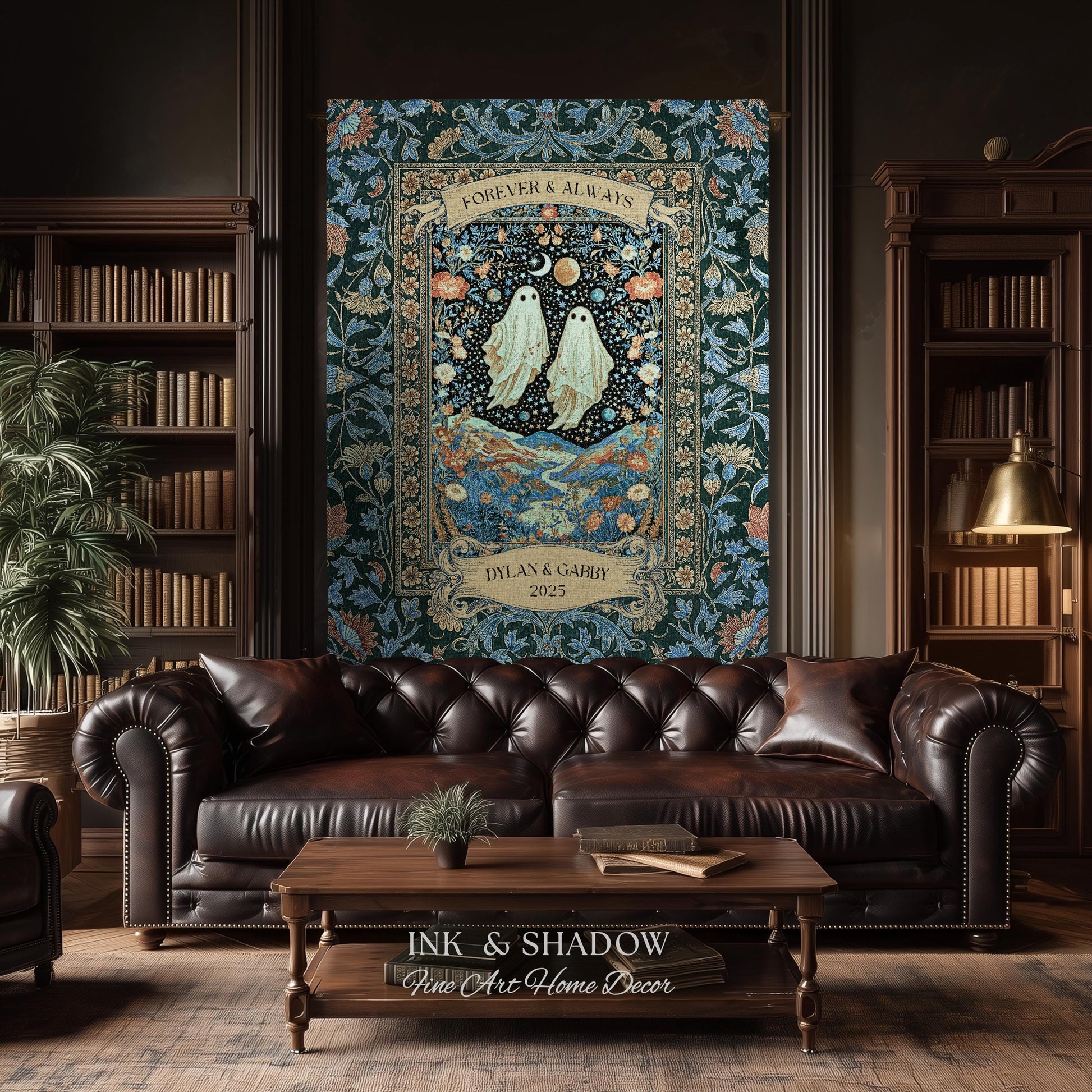 Moonlit Cosmic Ghost Lovers Tapestry | Forever And Always Couple Woven Throw Blanket Custom Names Wedding Keepsake For Goth Anniversary