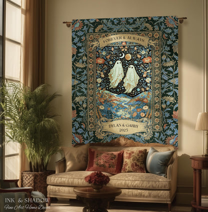 Moonlit Cosmic Ghost Lovers Tapestry | Forever And Always Couple Woven Throw Blanket Custom Names Wedding Keepsake For Goth Anniversary
