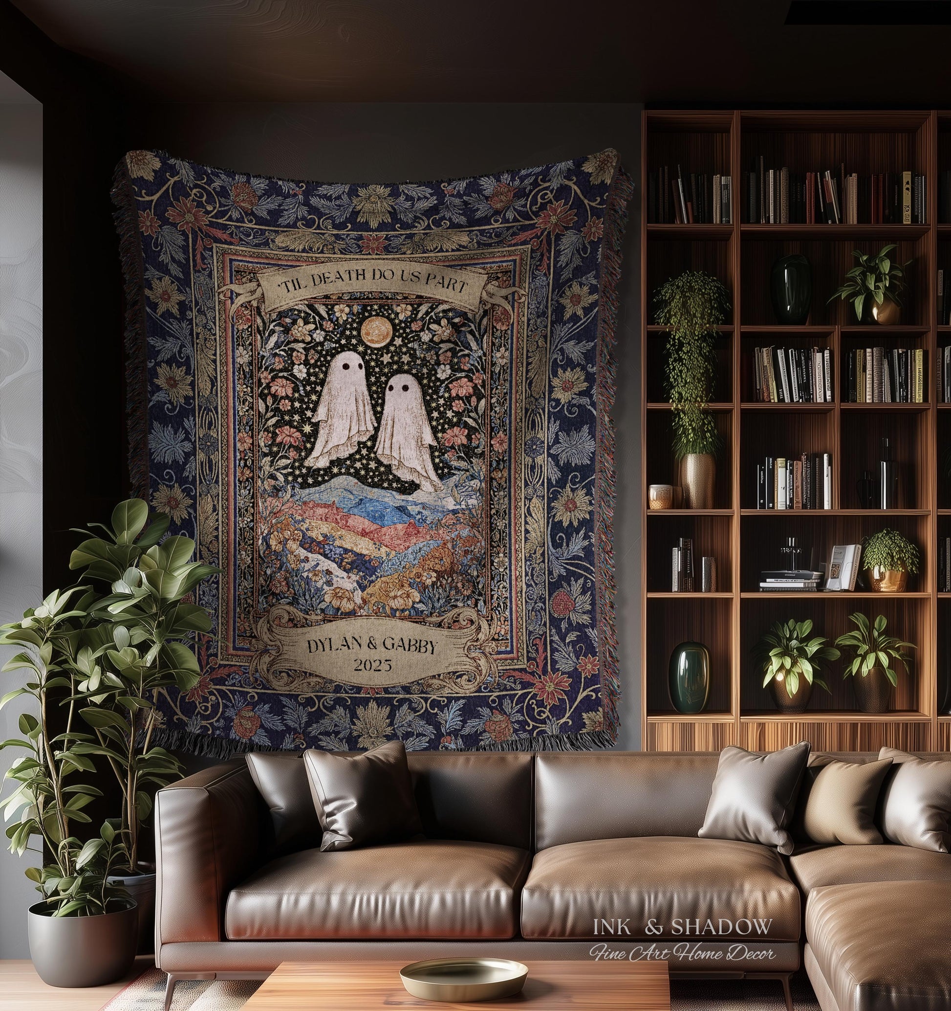Memento Mori Ghost Tapestry Personalized | Custom Names Floral Gothic Vow Anniversary Newly Wed Gift For Haunted Home Decor Mr and Mrs Throw