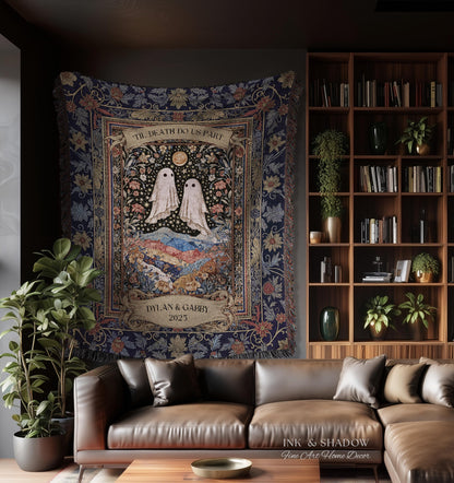 Memento Mori Ghost Tapestry Personalized | Custom Names Floral Gothic Vow Anniversary Newly Wed Gift For Haunted Home Decor Mr and Mrs Throw