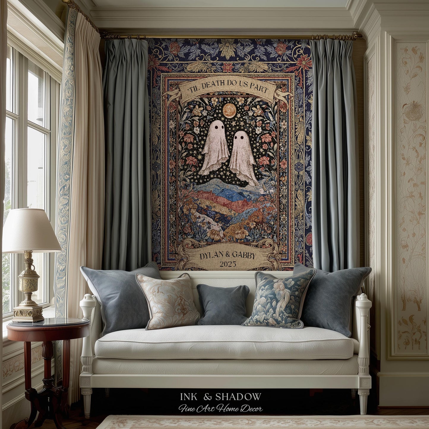 Memento Mori Ghost Tapestry Personalized | Custom Names Floral Gothic Vow Anniversary Newly Wed Gift For Haunted Home Decor Mr and Mrs Throw
