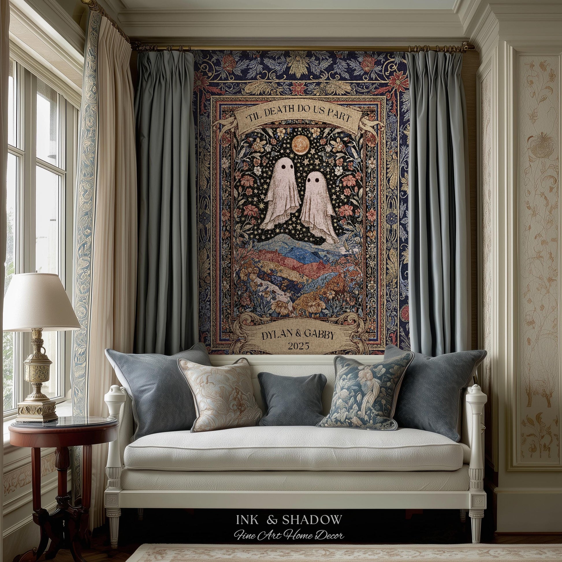 Memento Mori Ghost Tapestry Personalized | Custom Names Floral Gothic Vow Anniversary Newly Wed Gift For Haunted Home Decor Mr and Mrs Throw