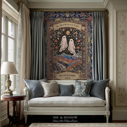 Memento Mori Ghost Tapestry Personalized | Custom Names Floral Gothic Vow Anniversary Newly Wed Gift For Haunted Home Decor Mr and Mrs Throw