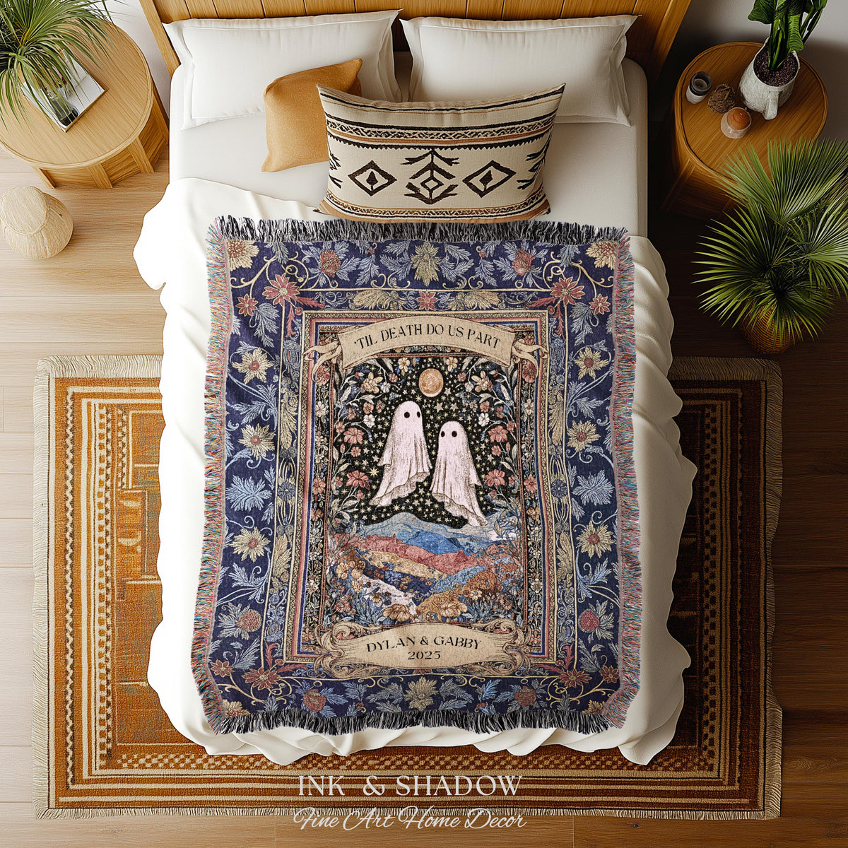 Memento Mori Ghost Tapestry Personalized | Custom Names Floral Gothic Vow Anniversary Newly Wed Gift For Haunted Home Decor Mr and Mrs Throw