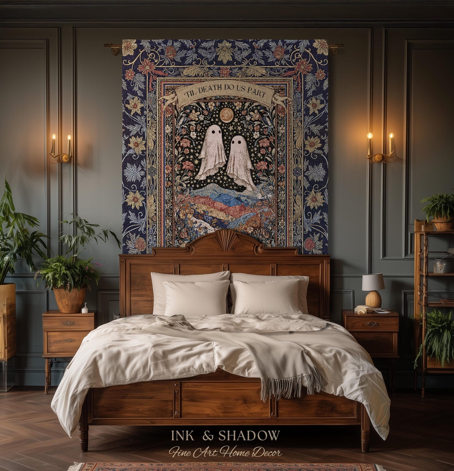 Memento Mori Ghost Tapestry Personalized | Custom Names Floral Gothic Vow Anniversary Newly Wed Gift For Haunted Home Decor Mr and Mrs Throw