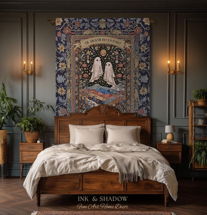 Memento Mori Ghost Tapestry Personalized | Custom Names Floral Gothic Vow Anniversary Newly Wed Gift For Haunted Home Decor Mr and Mrs Throw