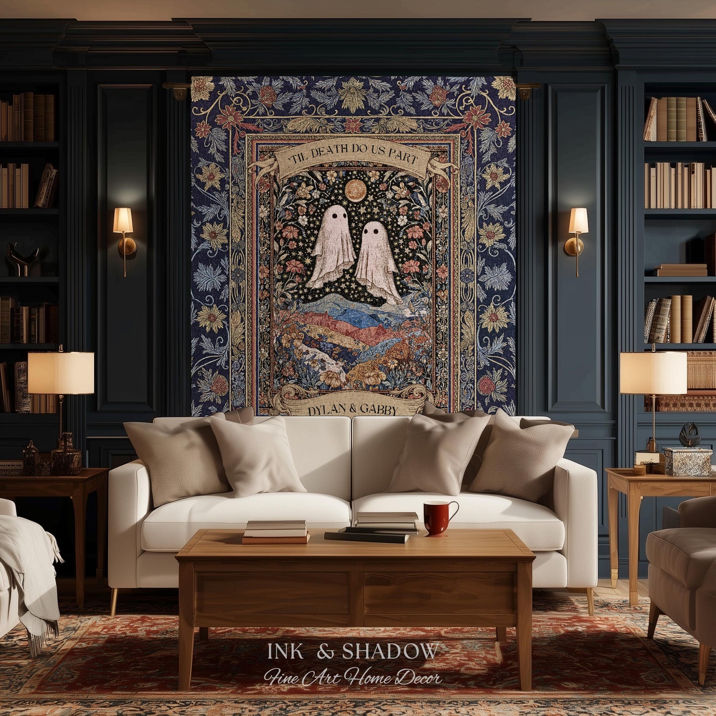 Memento Mori Ghost Tapestry Personalized | Custom Names Floral Gothic Vow Anniversary Newly Wed Gift For Haunted Home Decor Mr and Mrs Throw