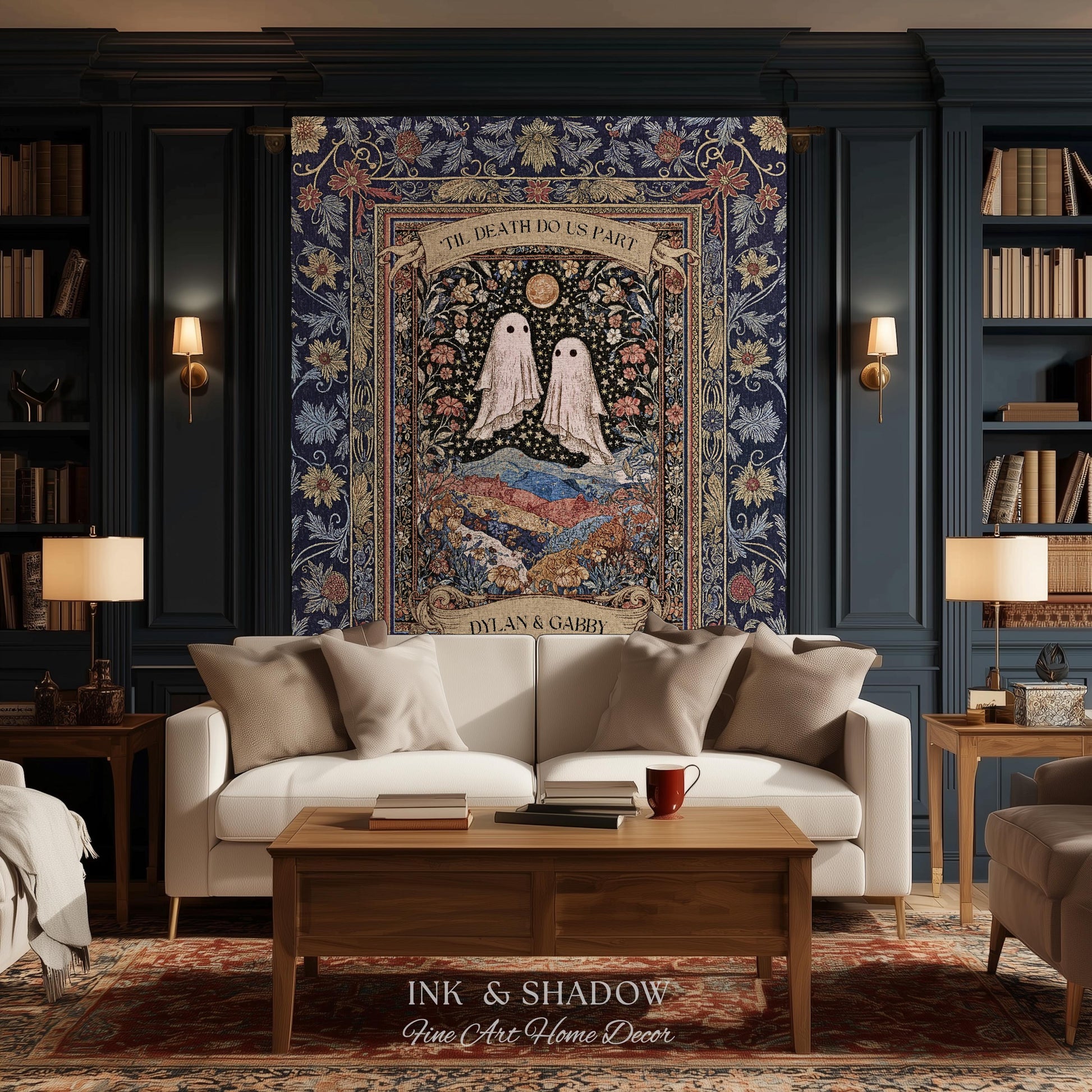 Memento Mori Ghost Tapestry Personalized | Custom Names Floral Gothic Vow Anniversary Newly Wed Gift For Haunted Home Decor Mr and Mrs Throw
