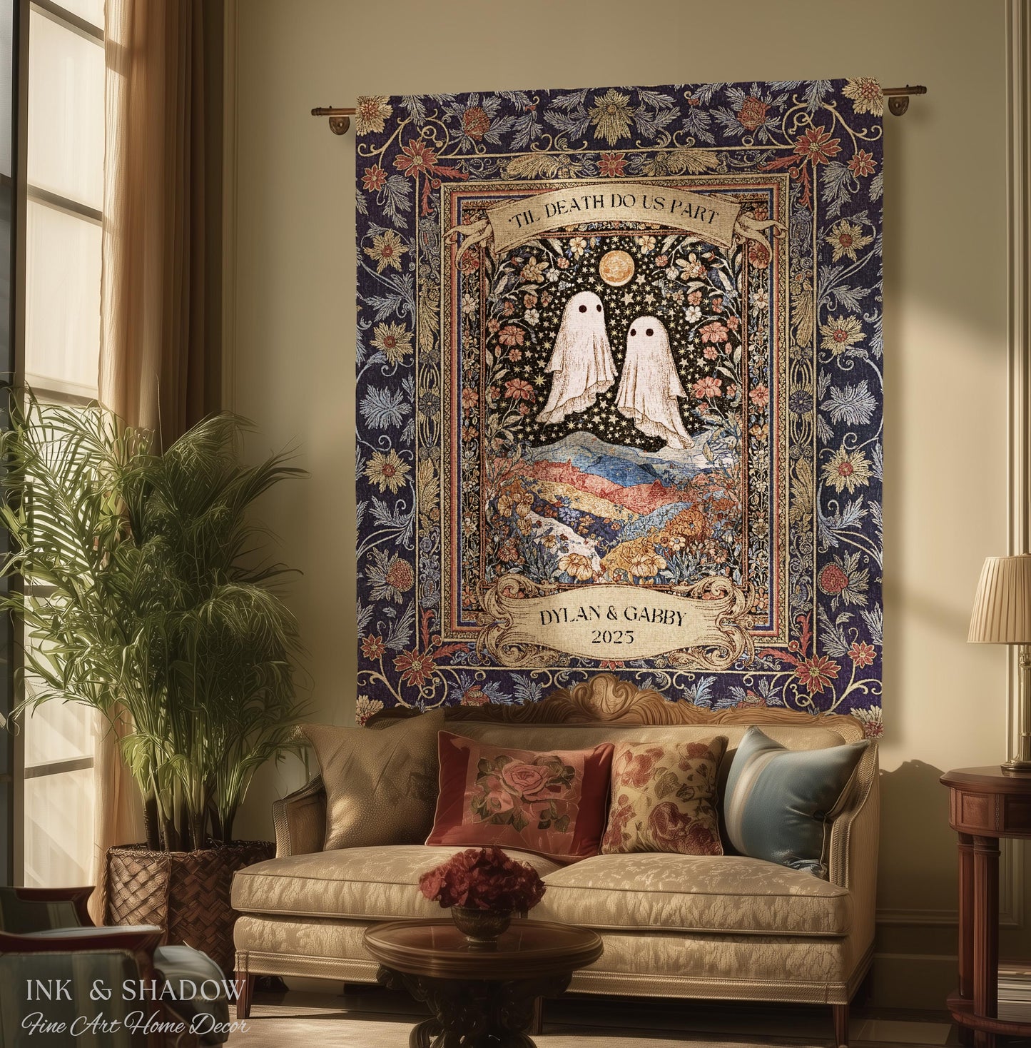 Memento Mori Ghost Tapestry Personalized | Custom Names Floral Gothic Vow Anniversary Newly Wed Gift For Haunted Home Decor Mr and Mrs Throw