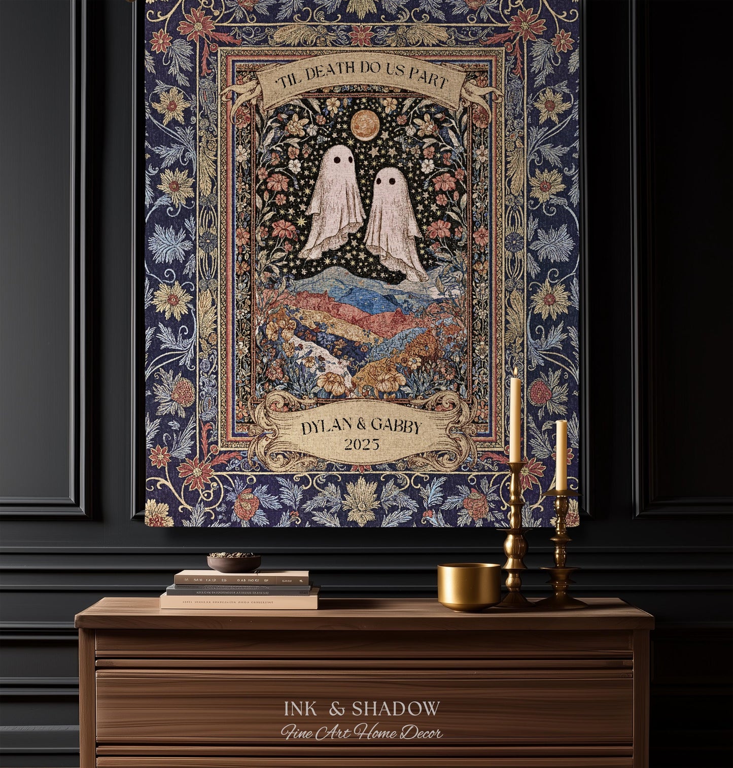 Memento Mori Ghost Tapestry Personalized | Custom Names Floral Gothic Vow Anniversary Newly Wed Gift For Haunted Home Decor Mr and Mrs Throw