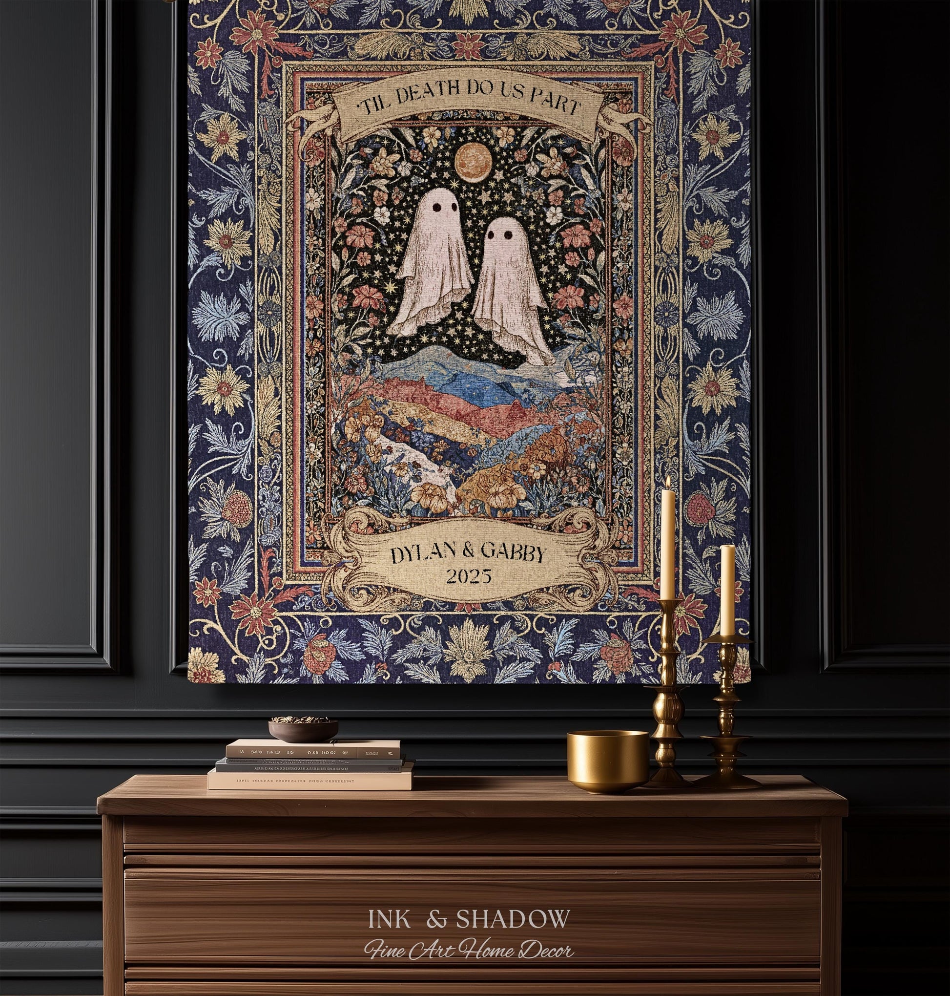 Memento Mori Ghost Tapestry Personalized | Custom Names Floral Gothic Vow Anniversary Newly Wed Gift For Haunted Home Decor Mr and Mrs Throw
